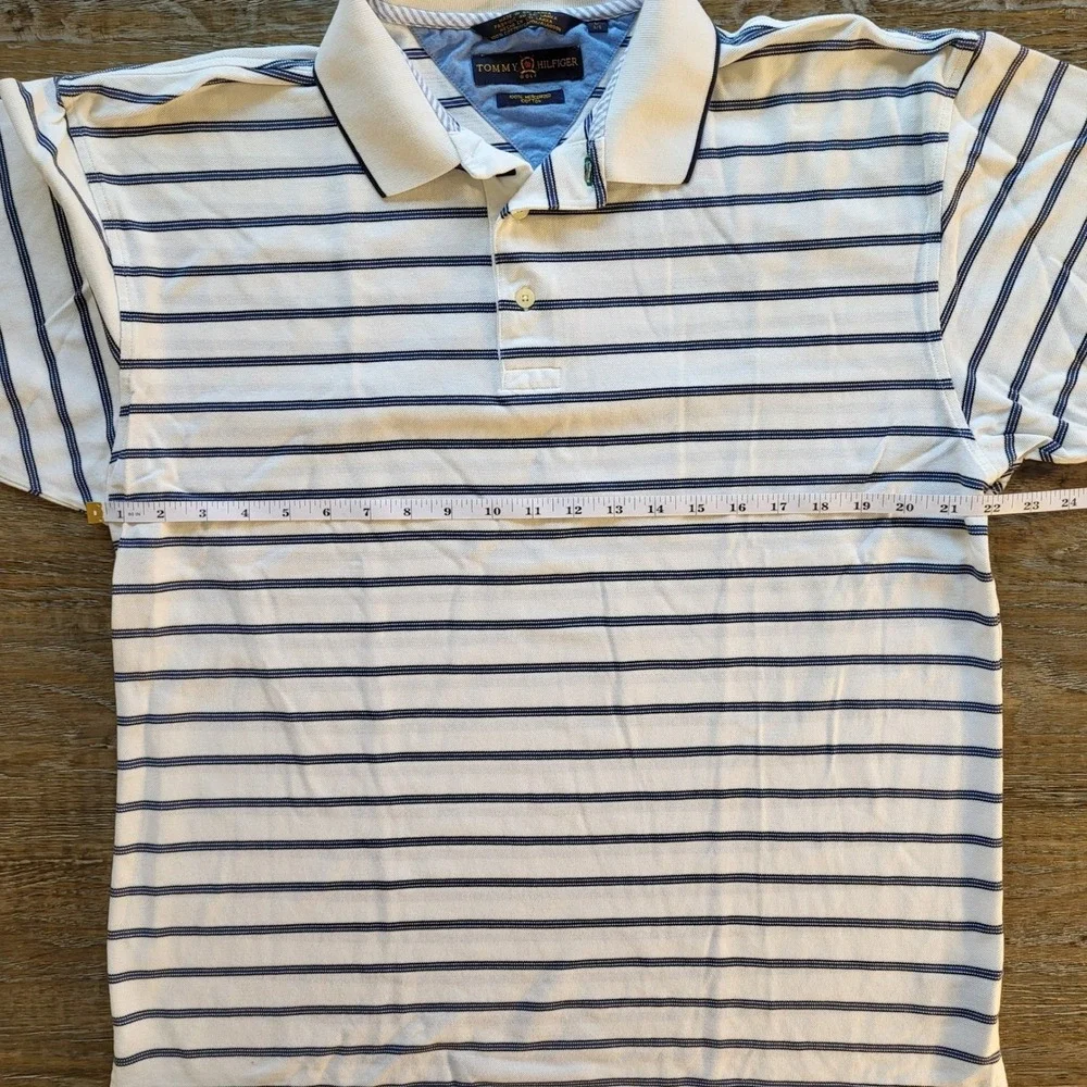 Tommy Hilfiger Golf Mens Large White Navy Striped Mercerized Cotton Polo Shirt